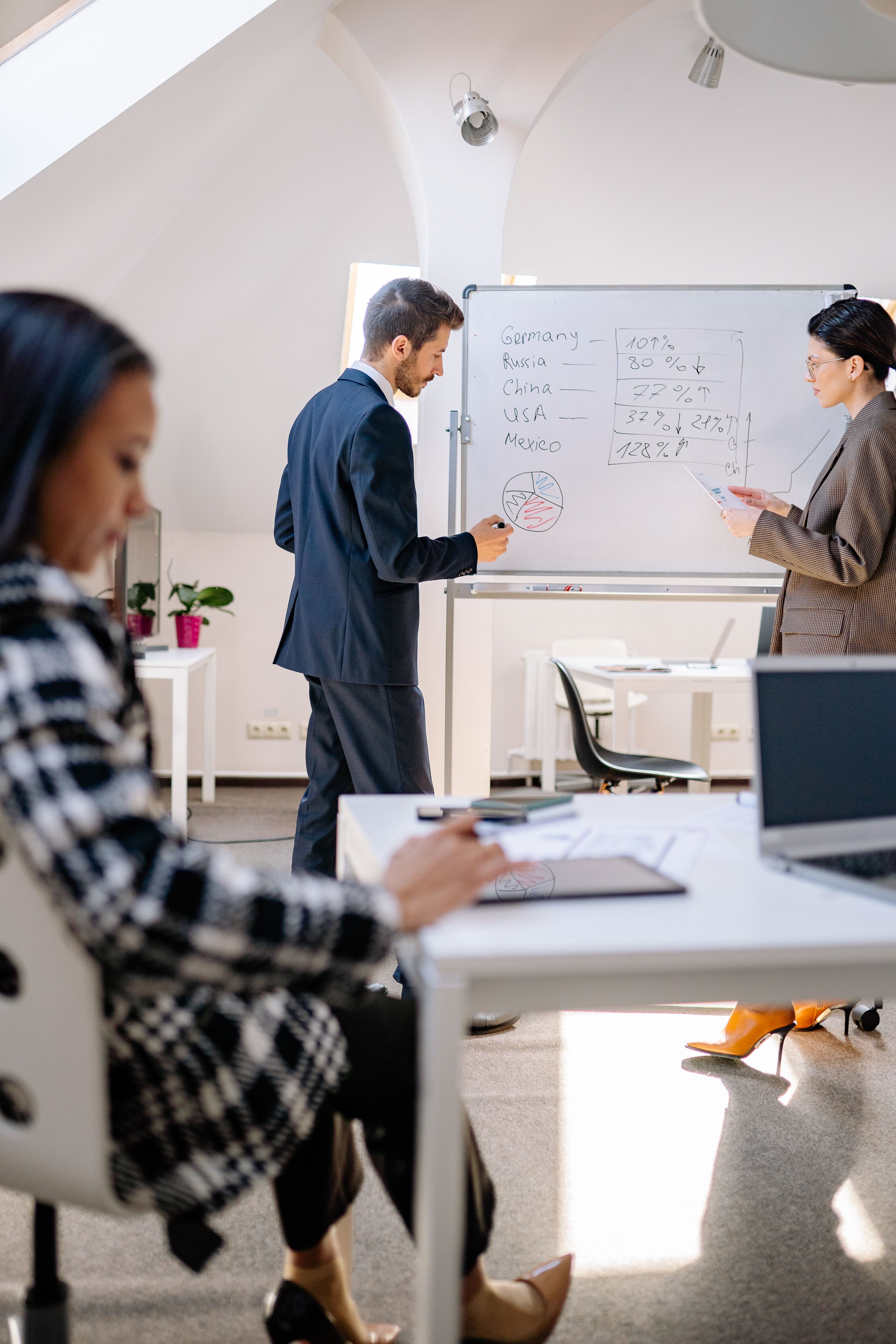 Zwei Personen, die Zahlen am Whiteboard durchgehen